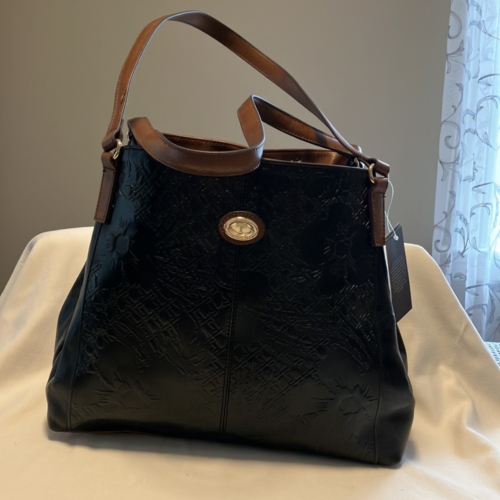 Tignanello Leather Embossed Bag. Black & Tan.